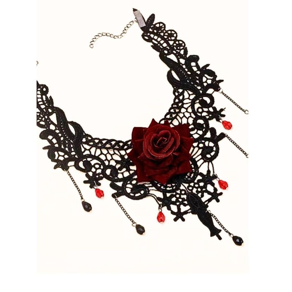 NWT Gothic Black Lace Red Rose Choker Necklace Victorian Lolita Halloween